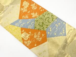 アンティーク　石畳に御所車・花鳥・古典柄織り出し袋帯（材料）